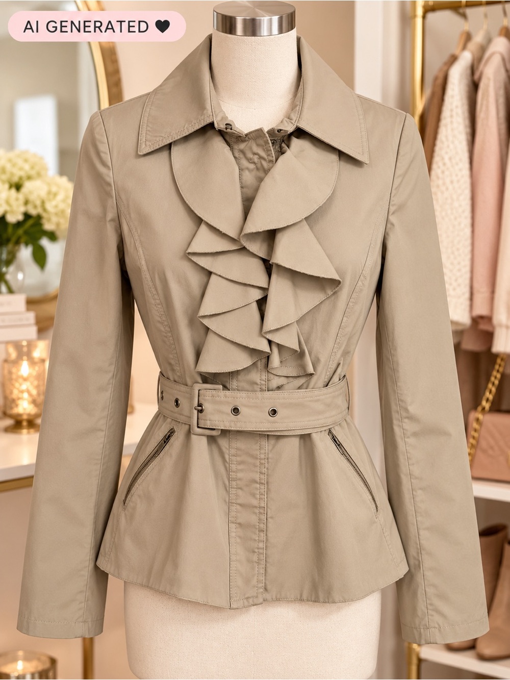 Jacob Taupe Ruffle-Front Belted Trench Coat M